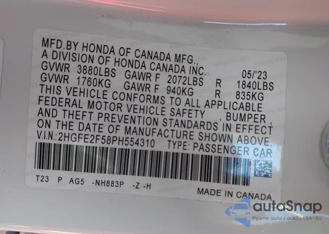 2023 Honda Civic Sport from USA, damaged, VIN 2HGFE2F58PH554310